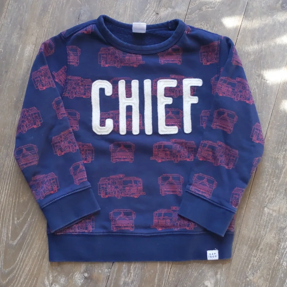 Two (2) Size 5 Gap long sleeve tees burgers and fries and chief firetruck print